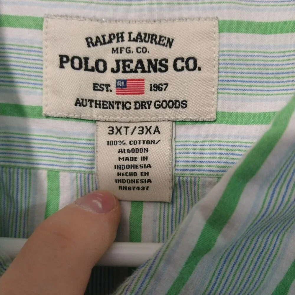 Polo Jeans Co Ralph Lauren Shirt Mens 3XT Green Striped Long Sleeve Button Up - Picture 7 of 9